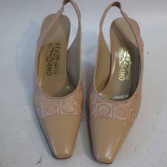 Authentic Salvatore Ferragamo Nude Gancini Embossed Slingback Heels Pumps 8 - Picture 3 of 12